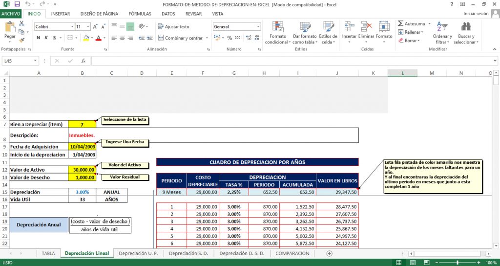 Descargar Plantilla Excel Método Para El Calculo De Depreciación 6260