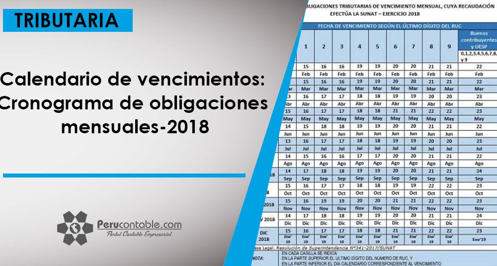 Calendario De Vencimientos Cronograma De Obligaciones Mensuales 2018